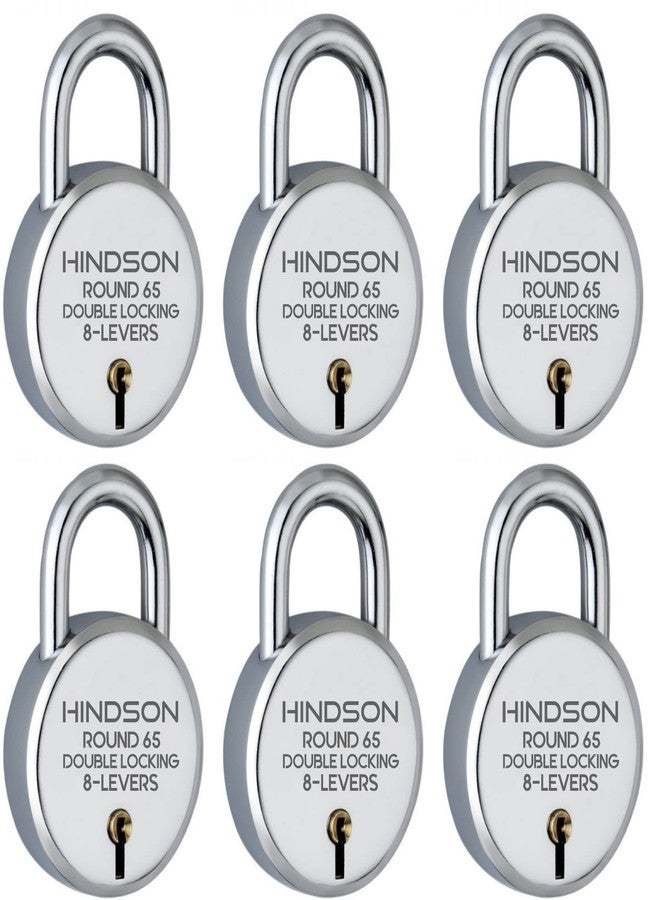 HINDSON Lock Round 65mm with 3 Key, Steel Double Locking, 8 Lever Padlock for Door, Gate, Shutter, Home Harri Ram (Silver Finish, Pack of 6) - Image 1